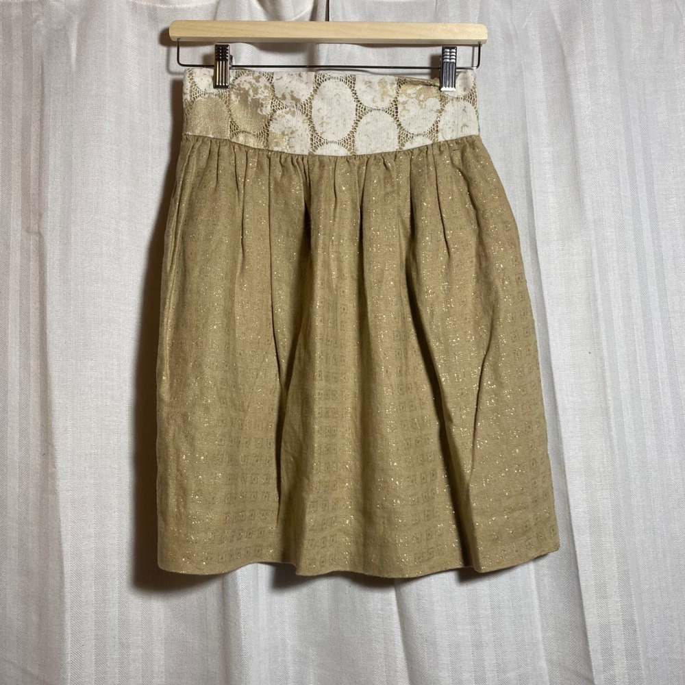 Lauren Moffatt Gold Metallic 100% Linen Silk Lined Mini Skirt‎ Lace Waist Size 0